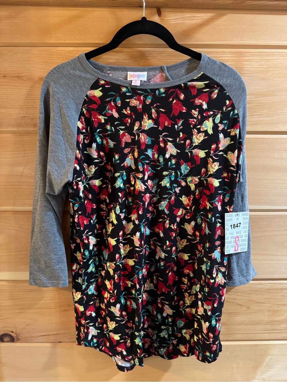 LuLaRoe Black Floral Randy Top with Gray Sleeves